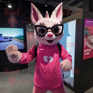 Pink Chupacabra mascot costume character dressed with a Long Sleeve Tee and Eyeglasses