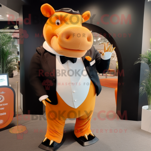 Orange Rhinoceros mascot costume character dressed with a Tuxedo and Rings