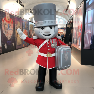 Silver British Royal Guard mascot costume character dressed with a Suit Pants and Tote bags