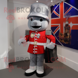 Silver British Royal Guard mascot costume character dressed with a Suit Pants and Tote bags