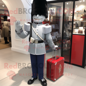 Silver British Royal Guard mascot costume character dressed with a Suit Pants and Tote bags