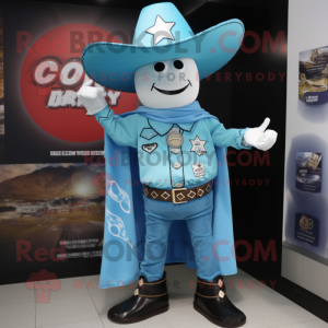Sky Blue Cowboy mascot costume character dressed with a Cover-up and Lapel pins