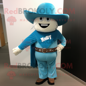 Sky Blue Cowboy mascot costume character dressed with a Cover-up and Lapel pins