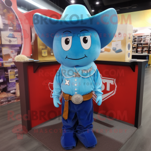 Sky Blue Cowboy mascot costume character dressed with a Cover-up and Lapel pins