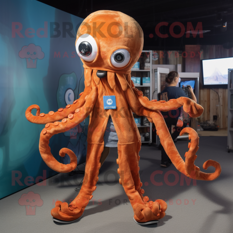 Rust Octopus mascot costume character dressed with a Skinny Jeans and Rings Rust Octopus mascot costume character dressed with a Skinny Jeans and Rings