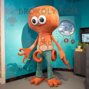 Rust Octopus mascot costume character dressed with a Skinny Jeans and Rings