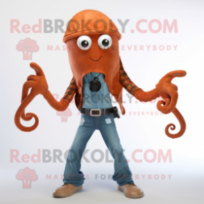 Rust Octopus mascot costume character dressed with a Skinny Jeans and Rings