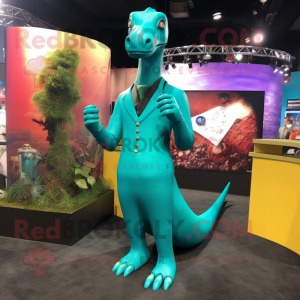 Turquoise Brachiosaurus mascot costume character dressed with a Suit Pants and Bracelets