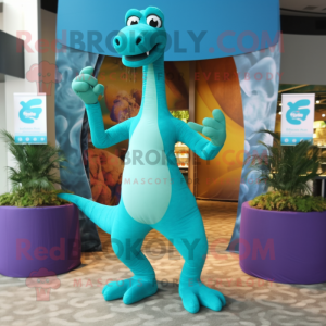 Turquoise Brachiosaurus mascot costume character dressed with a Suit Pants and Bracelets