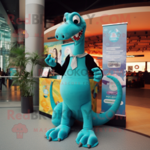 Turquoise Brachiosaurus mascot costume character dressed with a Suit Pants and Bracelets