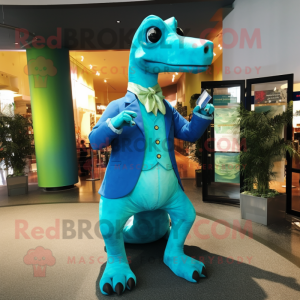 Turquoise Brachiosaurus mascot costume character dressed with a Suit Pants and Bracelets