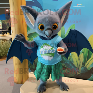 Teal Fruit Bat mascot costume character dressed with a Bermuda Shorts and Wraps