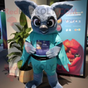 Teal Fruit Bat mascot costume character dressed with a Bermuda Shorts and Wraps