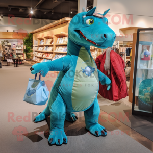 Turquoise Iguanodon mascot costume character dressed with a Flare Jeans and Tote bags