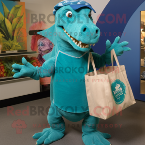 Turquoise Iguanodon mascot costume character dressed with a Flare Jeans and Tote bags