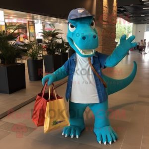 Turquoise Iguanodon mascot costume character dressed with a Flare Jeans and Tote bags