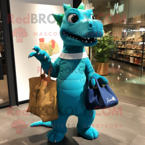 Turquoise Iguanodon mascot costume character dressed with a Flare Jeans and Tote bags