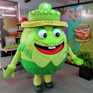 Lime Green Hamburger mascot costume character dressed with a Jacket and Brooches