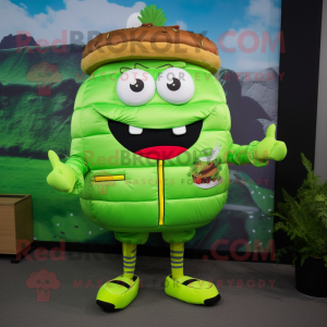 Lime Green Hamburger mascot costume character dressed with a Jacket and Brooches