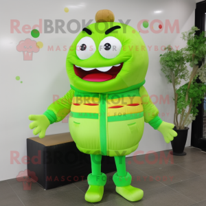Lime Green Hamburger mascot costume character dressed with a Jacket and Brooches