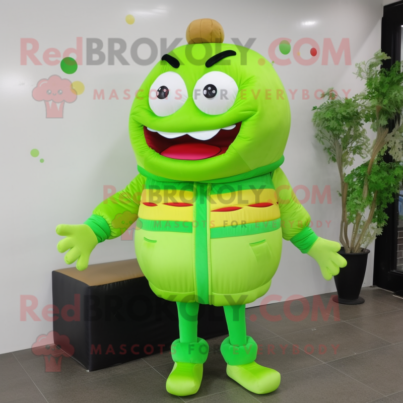 Lime Green Hamburger mascot costume character dressed with a Jacket and Brooches Lime Green Hamburger mascot costume character dressed with a Jacket and Brooches