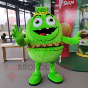 Lime Green Hamburger mascot costume character dressed with a Jacket and Brooches