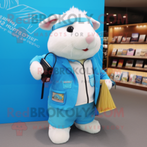 Sky Blue Guinea Pig mascot costume character dressed with a Jacket and Wallets