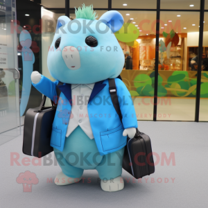 Sky Blue Guinea Pig mascot costume character dressed with a Jacket and Wallets