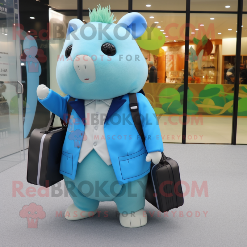 Sky Blue Guinea Pig mascot costume character dressed with a Jacket and Wallets
