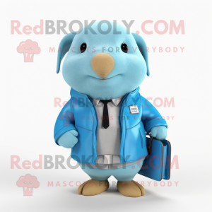 Sky Blue Guinea Pig mascot costume character dressed with a Jacket and Wallets