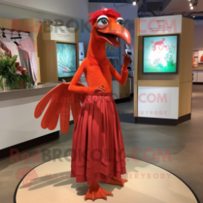 Red Archeopteryx mascot costume character dressed with a Empire Waist Dress and Suspenders
