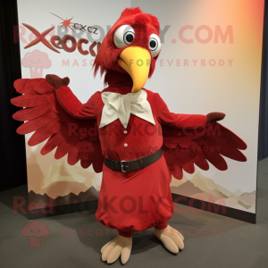 Red Archeopteryx mascot costume character dressed with a Empire Waist Dress and Suspenders