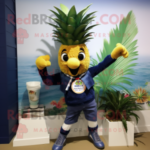 Navy Pineapple mascot costume character dressed with a Polo Shirt and Scarf clips
