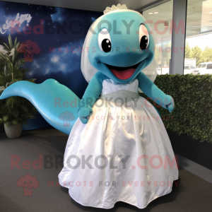 Teal Whale mascot costume character dressed with a Wedding Dress and Headbands