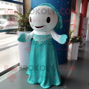 Teal Whale mascot costume character dressed with a Wedding Dress and Headbands
