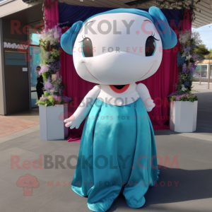 Teal Whale mascot costume character dressed with a Wedding Dress and Headbands