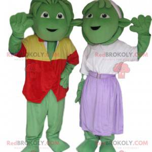 Sehr fröhliches und gut gekleidetes Maskottchen-Duo mit grünen