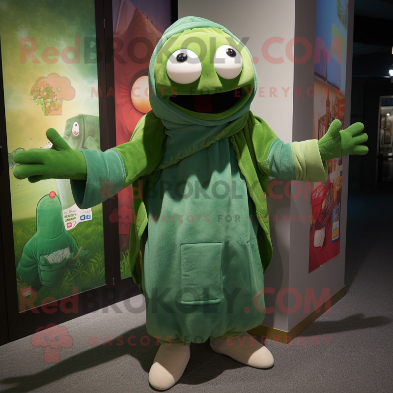 Green Meatballs mascot costume character dressed with a Parka and Shawls