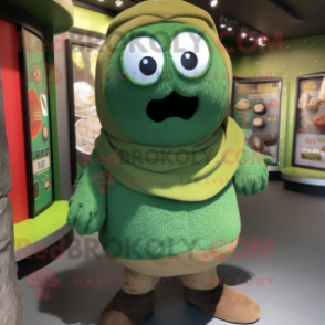 Green Meatballs mascot costume character dressed with a Parka and Shawls