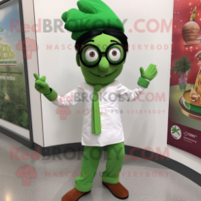 Green Tikka Masala mascot costume character dressed with a Poplin Shirt and Eyeglasses