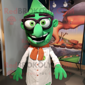 Green Tikka Masala mascot costume character dressed with a Poplin Shirt and Eyeglasses