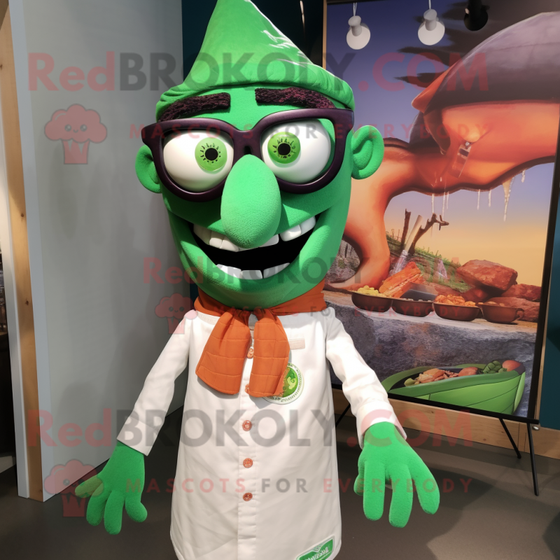 Green Tikka Masala mascot costume character dressed with a Poplin Shirt and Eyeglasses