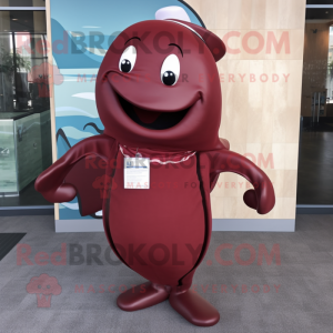 Maroon Whale mascot costume character dressed with a Sheath Dress and Tie pins