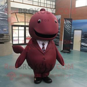 Maroon Whale mascot costume character dressed with a Sheath Dress and Tie pins