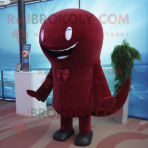 Maroon Whale mascot costume character dressed with a Sheath Dress and Tie pins