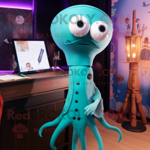 Teal Squid mascot costume character dressed with a Cocktail Dress and Tie pins