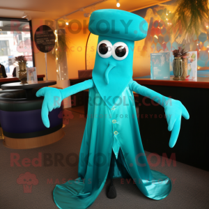 Teal Squid mascot costume character dressed with a Cocktail Dress and Tie pins