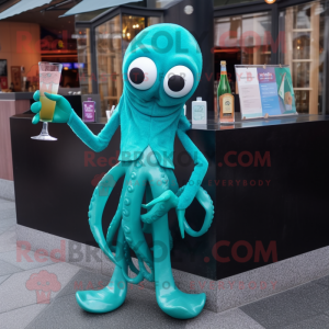 Teal Squid mascot costume character dressed with a Cocktail Dress and Tie pins