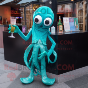 Teal Squid mascot costume character dressed with a Cocktail Dress and Tie pins