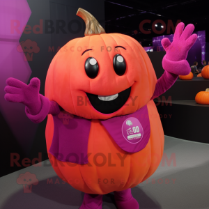 Magenta Pumpkin mascot costume character dressed with a Vest and Gloves